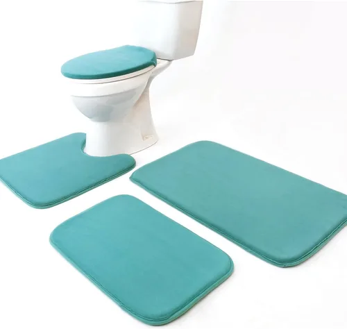 Vista 4 de Madeals Juego de 4 alfombrillas de baño de espuma viscoelástica con tapa de inodoro y alfombra combinada, color beige