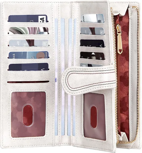 Vista 2 de VOCUS Cartera de cuero para mujer, billetera larga con cremallera para mujer, tarjetero de gran capacidad, tarjetero de crédito para mujer, Blanco