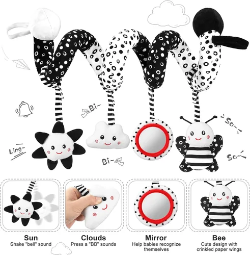 Vista 2 de Juguetes para recién nacidos, juguetes para bebés de alto contraste en blanco y negro, de 0 a 6 meses, con tarjetas sensoriales y sonajero, esencial