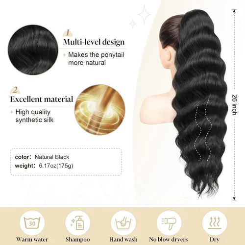 Vista 2 de Flufymooz Extensión de cola de caballo, 26 pulgadas, ondulado, con cordón, extensión de pelo largo, extensión de pelo sintético suave para mujer