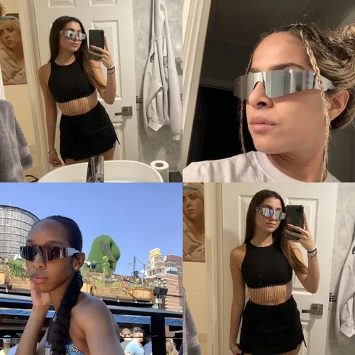 Vista 6 de Crazy Feng Gafas de sol envolventes futuristas sin montura para mujeres y hombres, gafas de sol Cyberpunk con visera