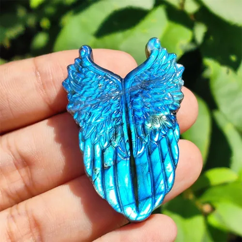 Vista 4 de TEAMWILL Figuras de piedras preciosas de cristal de labradorita azul natural, alas de ángel, curación, reiki, energía, meditación, baño, sala