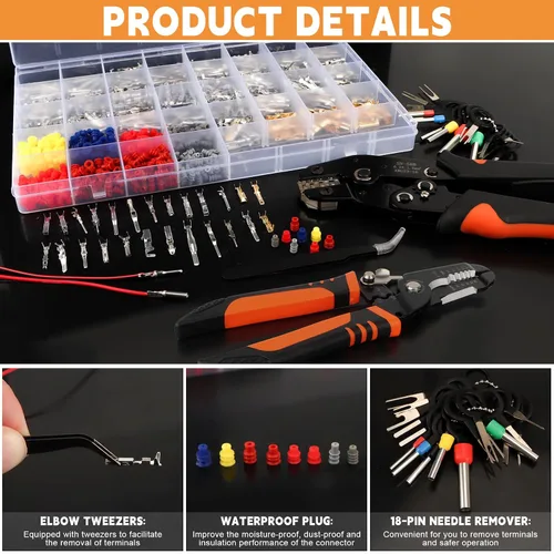 Vista 8 de 1381PCS Pin Connector Kit, Electrical Pins Connectors with Crimp Tool and Wire Strippers,28 Types 1/1.5/1.8/2.2/2.3/2.8/3.5mm Removal Male Female