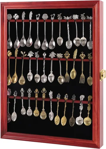 Vista 7 de 36 Souvenir Tea Spoon Display Case Montaje en pared con cerradura Protección UV Puerta de acrílico Soporte de exhibición de madera para cuchara Negro