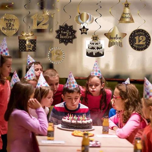 Vista 3 de Decoración de techo de remolinos colgantes para fiesta de cumpleaños número 12, celebración, 12 espirales colgantes de aluminio con recortes para 12
