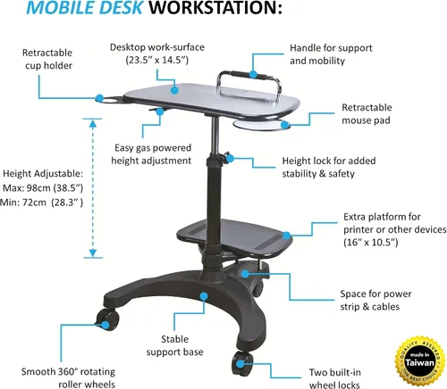 Vista 3 de Aidata Estación de trabajo ergonómica para portátil con estante para impresora, con portavasos y alfombrilla para mouse integrados, color negro