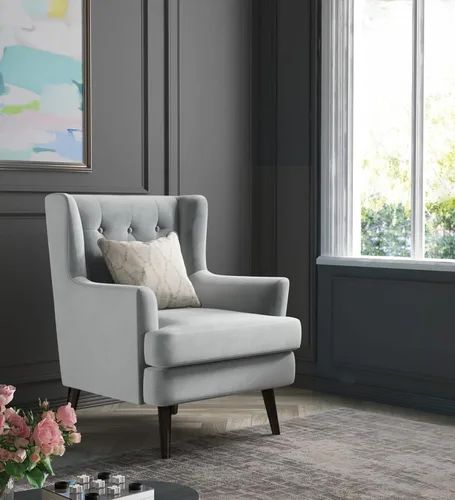 Vista 2 de Elle Decor Celeste - Silla decorativa de terciopelo copetudo, sillón tapizado de mediados de siglo, respaldo moderno con respaldo acolchado de Gris