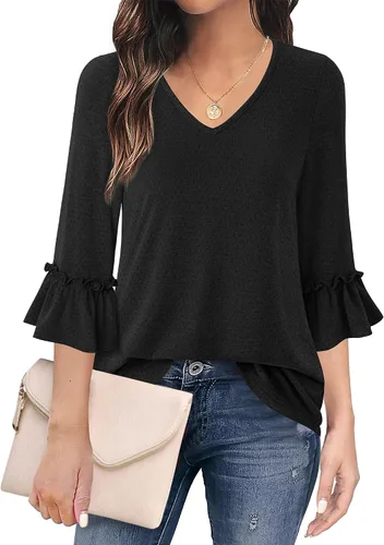 Vista 3 de Messic Blusas para mujer, estilo casual, manga acampanada de 34, cuello en V, túnica