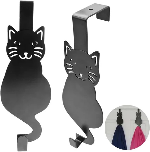 Vista 12 de Evelots Organizador para colgar toallas y abrigos sobre la puerta, con 4 ganchos, diseño de gatito, fácil instalación sin herramientas, hierro
