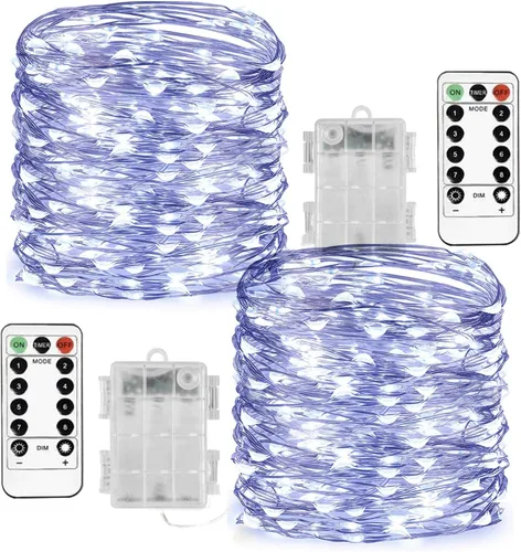 Vista 10 de Homemory Paquete de 2 guirnaldas de 100 luces LED de 33 pies, funciona con pilas, con control remoto, impermeable, 8 modos de luciérnaga, luces