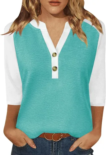 Vista 8 de Dimur Camisetas de manga 3/4 con cuello en V y botones para mujer, traje casual de negocios, camiseta básica de verano 2025