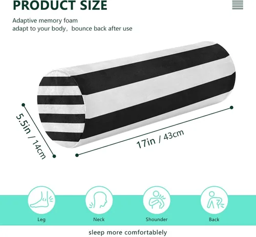 Vista 3 de Almohada redonda con funda a rayas blancas y negras para el cuello, almohada cervical, soporte de cuello de espuma viscoelástica para dormir