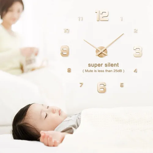 Vista 2 de Reloj de pared 3D sin marco, kit de reloj de pared grande con espejo 3D, calcomanías de número, reloj silencioso, diseño moderno para el hogar, sala