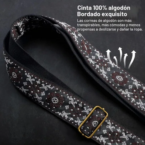 Vista 4 de Nefelibata Correa de guitarra, correas de guitarra de algodón bordado jacquard con extremos de cuero de caballo loco para bajo, eléctrico