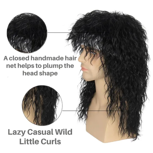 Vista 5 de Miss U Hair - Peluca de cabello rizado negro de los años 80 para hombre, peluca punk rocker, para fiesta, cosplay, cabello con accesorios