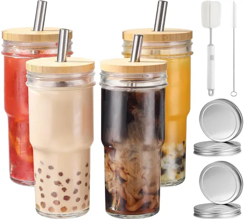 Vista 10 de 2 Vasos de Vidrio de 24 oz con Tapas de Bambú y Pajitas y 2 Tapas Herméticas, Vaso Reutilizable para Batidos Tarro Mason Vasos para Beber Vasos