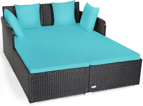 Vista 13 de COSTWAY Sofá Cama de Ratán para Patio Exterior, Sofá de Dos Plazas con Cojines de Esponja y 4 Almohadas, Muebles de Mimbre Cama Solar para Balcón