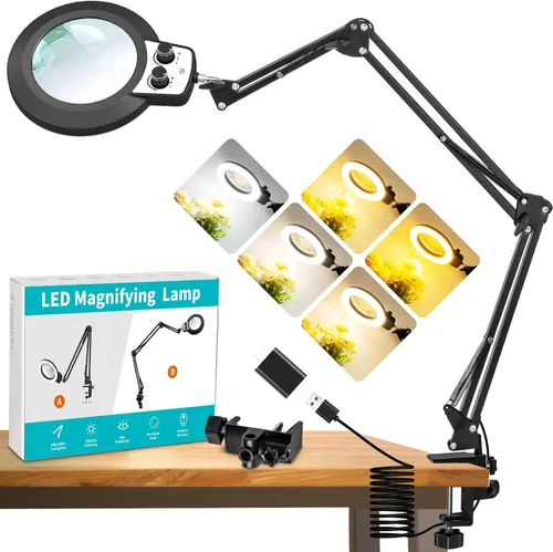 Vista 13 de Lupa 12X con luz con abrazadera, brazo largo extendido de 35.2 pulgadas Overhead Button Magnifier Lamp 4.2in Real Glass, Adjustable