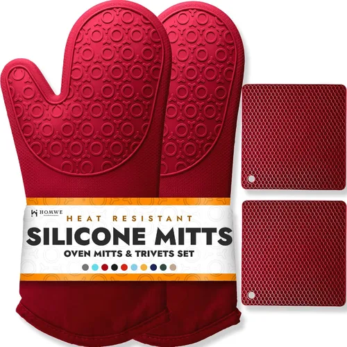 Vista 19 de HOMWE - Manopla de horno profesional y extralarga de silicona, guantes con forro acolchado, agarraderas resistentes al calor, guantes flexibles
