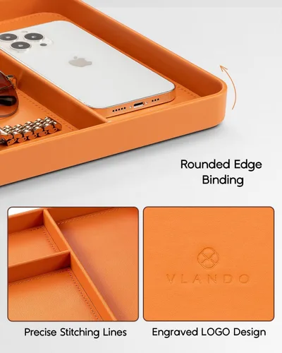 Vista 5 de VLANDO Valet Tray for Men, PU Leather Catchall Tray with Dividers Orange