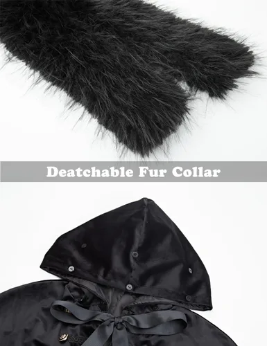 Vista 4 de Capa gótica unisex con capucha y cuello de piel medieval renacentista, disfraz de Halloween Negro