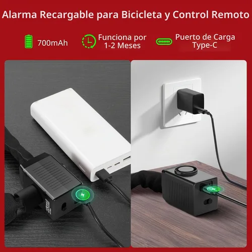 Vista 3 de BANGTING Candado de cadena de bicicleta de 4 pies resistente con alarma de 110 dB, cerradura de bicicleta resistente antirrobo con llave para Negro