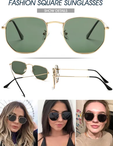 Vista 4 de PORADAY Lentes de sol polarizados hexagonales para mujeres y hombres, vintage, cuadrados, de metal, lentes de sol geométricos