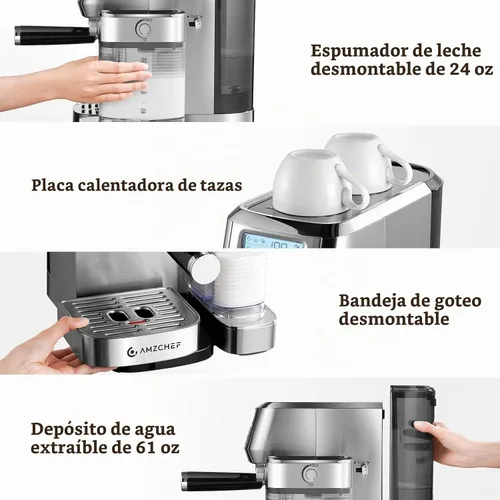 Vista 9 de AMZCHEF Máquina de café expreso, espumador automático de leche, presión de Plateado