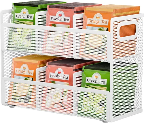 Vista 7 de Tea Bag Organizer 6 Grids. Mesh Tea Bag Holder with Handle, Teabag Holder, Tea Station Organizer for Countertop, Pantry, Kitchen, Cabinet - Pink