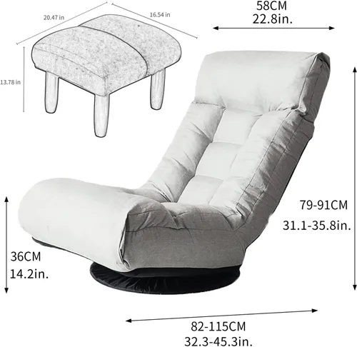Vista 2 de Silla giratoria de 360 grados para juegos, silla de piso plegable con respaldo ajustable, tumbona acolchada para interiores con taburete, sofá