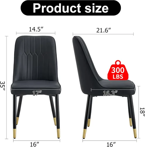 Vista 2 de Juego de 4 sillas de comedor modernas, juego de sillas de cocina de piel sintética, asiento tapizado acolchado grueso, sillas laterales negras sin