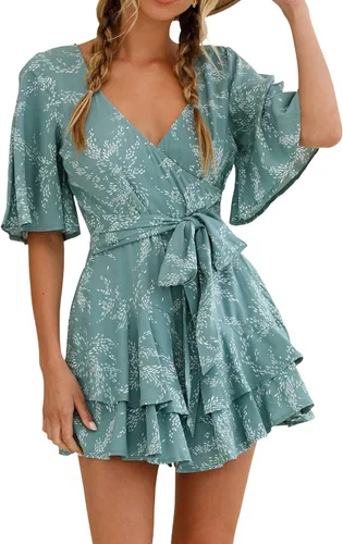 Vista 5 de Relipop Enterizo de verano para mujer, diseño floral, cuello en V, manga corta, cintura con nudo y dobladillo con volantes, overol corto casual