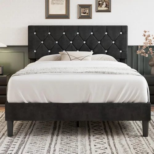 Vista 26 de VECELO Base de cama tamaño individual con plataforma tapizada con cabecera ajustable de botones de diamante, soporte de listones de madera,