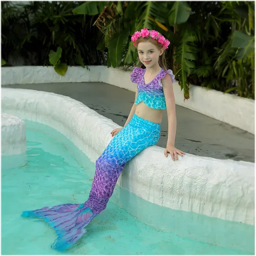 Vista 6 de zocapuy Traje de baño de cola de sirena para niñas y niños, disfraz de princesa, traje de baño para fiesta (sin monoaleta)