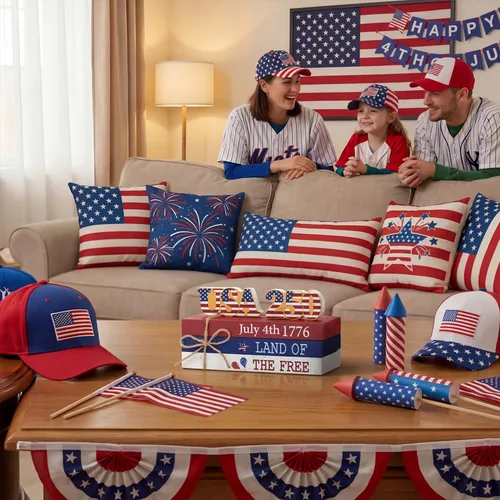 Vista 6 de Smile 4 de julio 250th Anniversary - Bloque de madera con decoración de Estados Unidos, 5 piezas "Land of the Free", bandeja patriótica escalonada