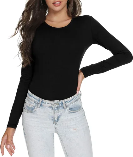 Vista 3 de Camiseta de manga larga ajustada con cuello en V y cuello redondo para mujer, camiseta básica de algodón suave