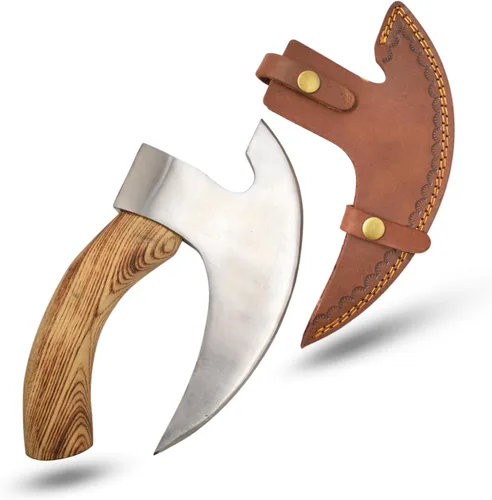 Vista 5 de Cuchillo de cocina Ulu hecho a mano con mango de madera de rosa, viene con funda de cuero (6009, acero de alto carbono)