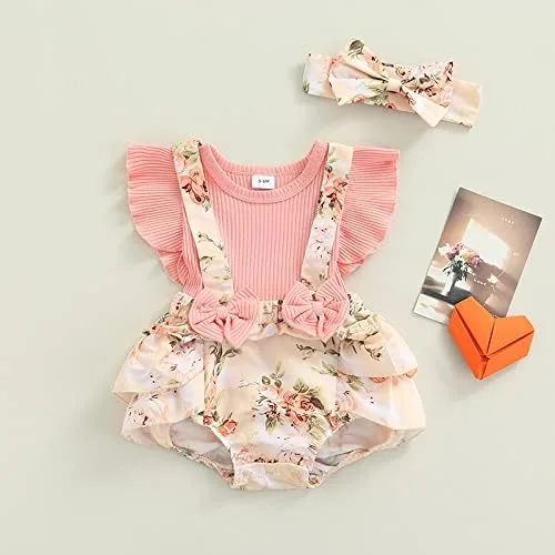 Vista 2 de Socutebabe Traje de bebé niña con estampado floral, vestido para recién nacido, con volantes, lindo traje de verano y diadema