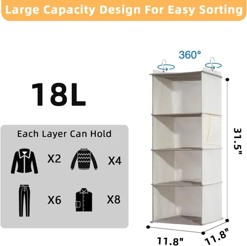 Vista 2 de 2 Packs Hanging Closet Organizer, 4-Shelf Closet Organizers and Storage with Side Pockets, Collapsible Hanging Shelves for Closet & RV & College