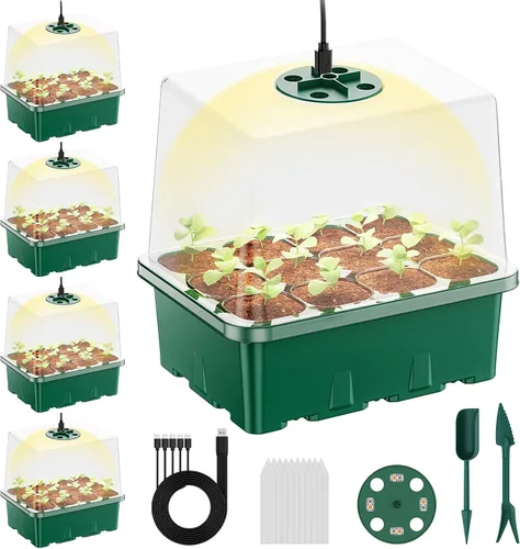 Vista 9 de Bandeja de inicio de semillas con luz de crecimiento, paquete de 5 60 celdas kit de inicio de semillas con cúpula de humedad y base, bandejas