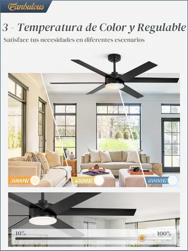 Vista 2 de Fanbulous Ventiladores de techo de 56 pulgadas con luces y control remoto, 6 aspas reversibles, regulables, 3000K-6000K ajustables, ventiladores