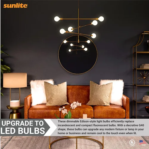 Vista 4 de Sunlite 81139 Bombilla LED G40 Edison Globe 81139, 8.5 vatios (100 W = ), base E26 estándar, 800 lúmenes, regulable, vidrio transparente, filamento