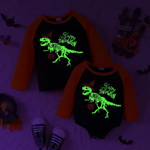 Vista 3 de YOUNGER TREE Disfraz de Halloween para bebé y niño pequeño, camiseta de manga larga, diseño de calabaza, sonrisa, dinosaurio, divertido disfraz