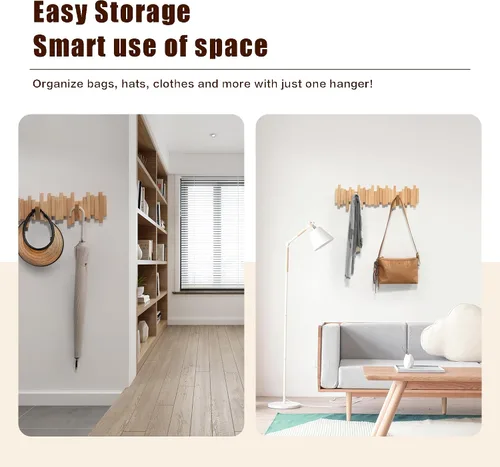 Vista 2 de DESAINOPH® Perchero de abrigos de madera montado en la pared, varillas multifuncionales de madera maciza hechas a mano con 5 ganchos modernos