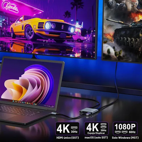 Vista 5 de Adaptador USB C a HDMI Dual 4K@30Hz, Hub USB C Multipuerto KOZYC con 2xHDMI, USB 3.0, 100W PD, Compatible con Divisor USB C a HDMI Pantalla