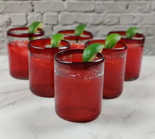 Vista 6 de Dos Sueños Vasos mexicanos soplados a mano, juego de 6 vasos con bordes rojos (10 onzas cada uno)