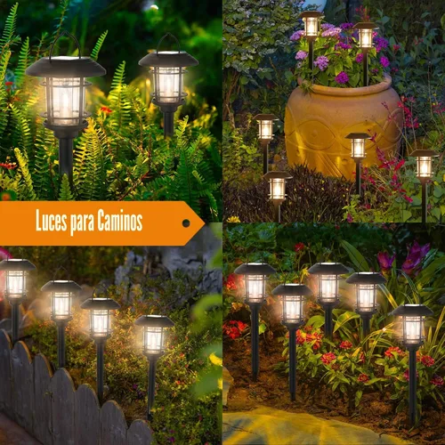 Vista 4 de Dynaming - Juego de 6 luces solares de doble uso para caminos al aire libre, lámparas colgantes solares de jardín con bombilla Edison, iluminación