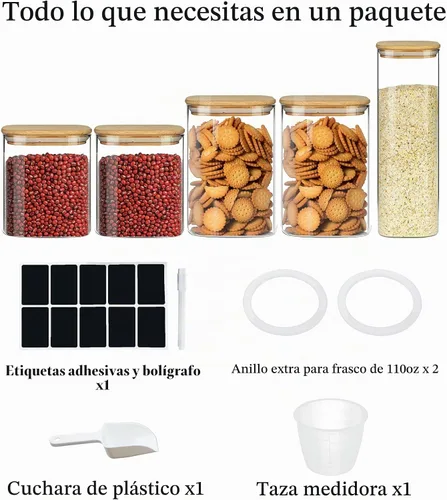 Vista 7 de Recipientes de almacenamiento de vidrio con tapas herméticas de bambú, juego de 5, tarros de vidrio de despensa con tapa, perfectos