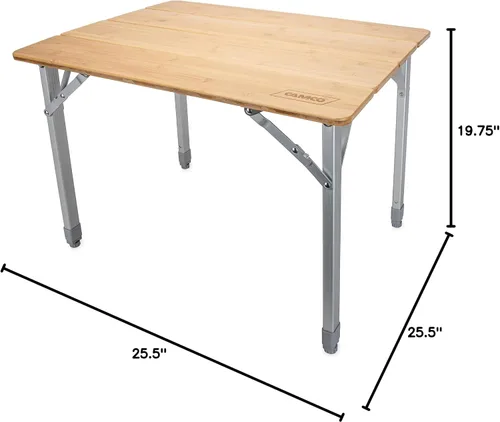 Vista 3 de Camco Mesa de camping plegable de bambú con patas de aluminio, parte superior de bambú natural mide 25 ½ x 19 ¾ pulgadas y soporta hasta 85 libras