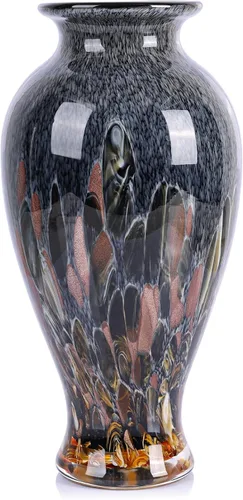 Vista 13 de Jarrón de vidrio soplado a mano de 11.8 pulgadas de alto, hermoso jarrón de boca ancha para centro de mesa, floreros pintados de vidrio de Murano